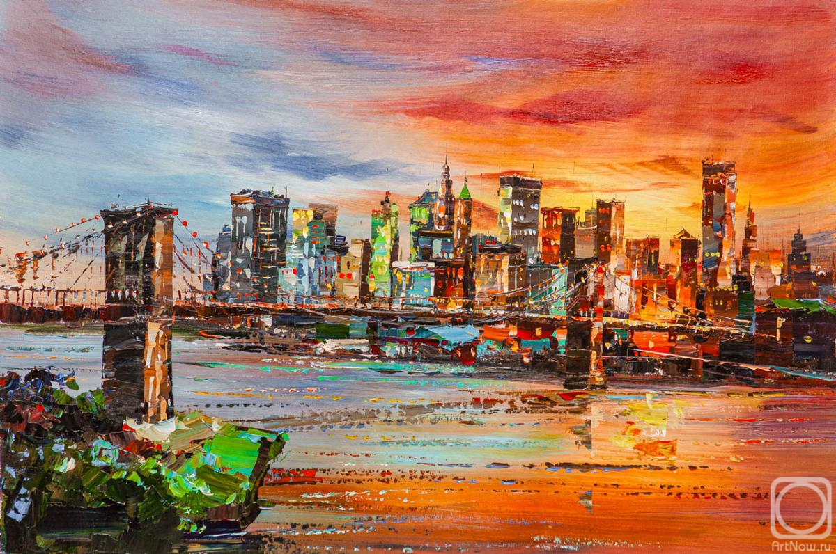 Rodries Jose. View of the Brooklyn Bridge and Manhattan at sunset"