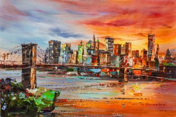 View of the Brooklyn Bridge and Manhattan at sunset". Rodries Jose