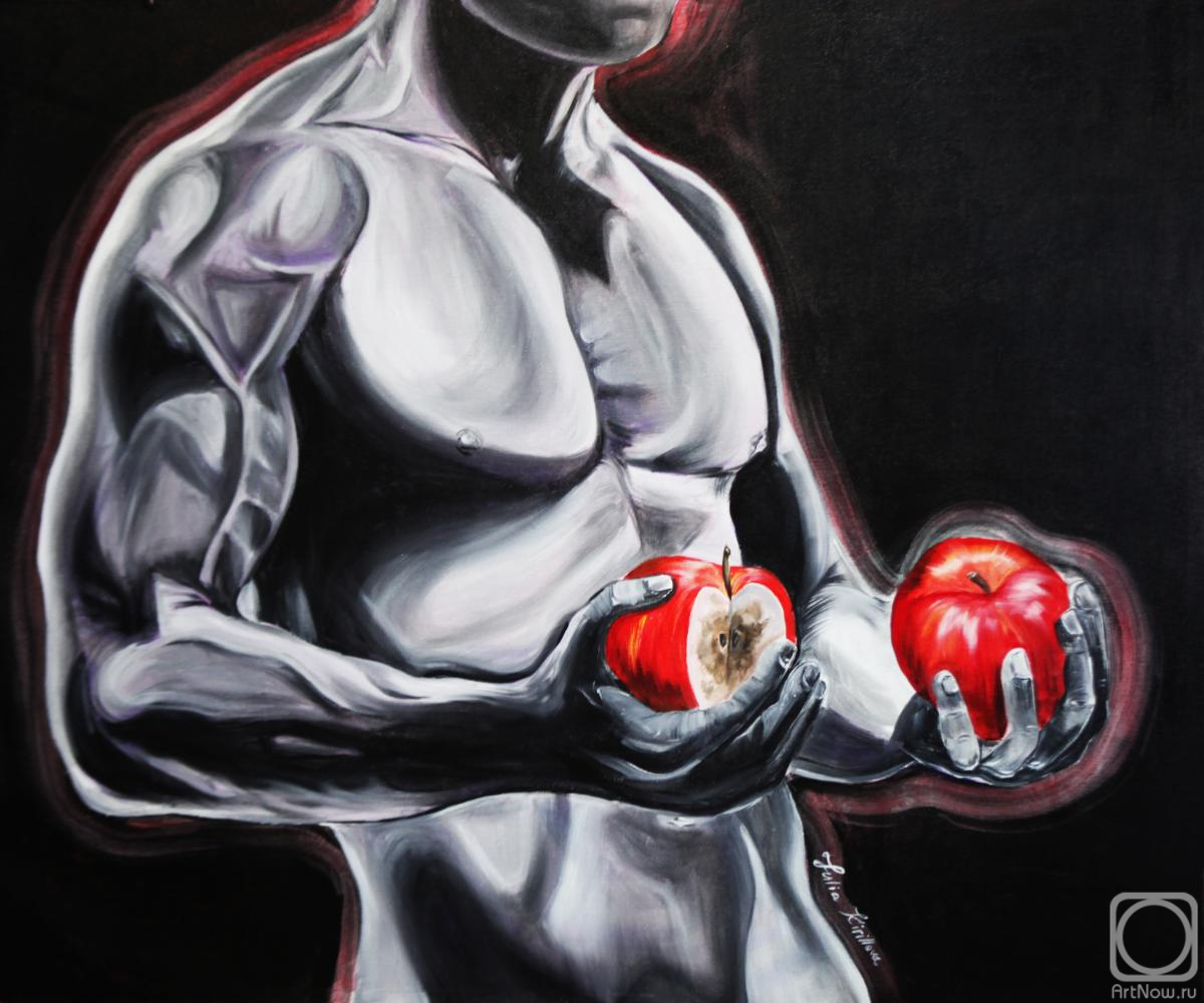 Kirillova Juliette. The courageous man who saved the lives of 5000 people. Figurative painting. Sexy Man oil on canvas. Black and white painting with red apples