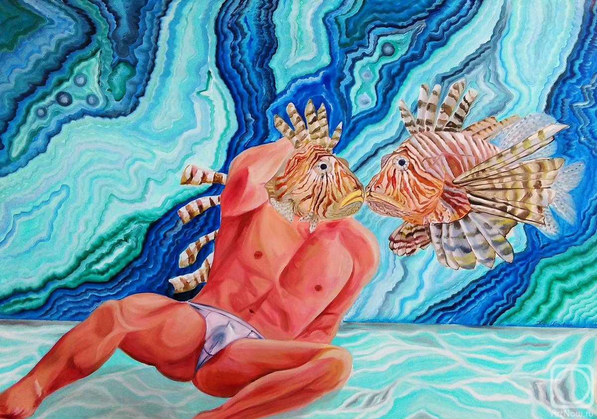 Kirillova Juliette. Ichthyander. Male mermaid with a fish head in the abstract sea. Figurative sexy marine realism oil painting