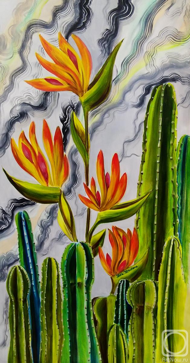 Kirillova Juliette. Loving cacti. Strelitzia and cactus. Red Flowers on an abstract marble background. Botanical floral oil painting