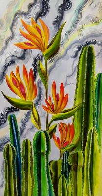Loving cacti. Strelitzia and cactus. Red Flowers on an abstract marble background. Botanical floral oil painting. Kirillova Juliette