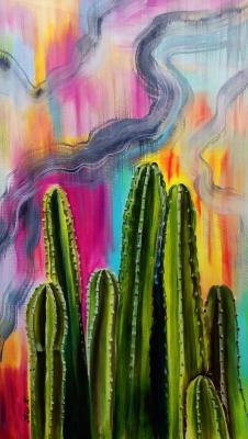 Evening walk among the thickets of cacti. Cacti on a bright multi-colored abstract background. Cacti oil painting. Kirillova Juliette