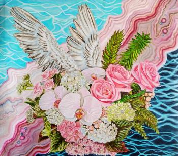 River of time. Large floral botanical painting with roses, wing, hydrangeas on an abstract multicolored background (White Dove). Kirillova Juliette