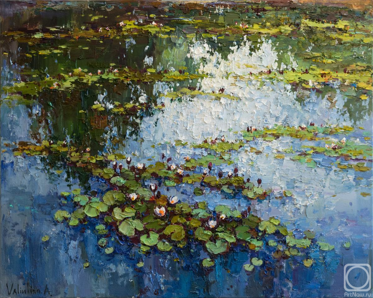 Valiulina Anastasiya. White Water Lilies - Pond flowers Impasto Original Oil painting
