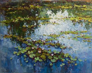 White Water Lilies - Pond flowers Impasto Original Oil painting. Valiulina Anastasiya
