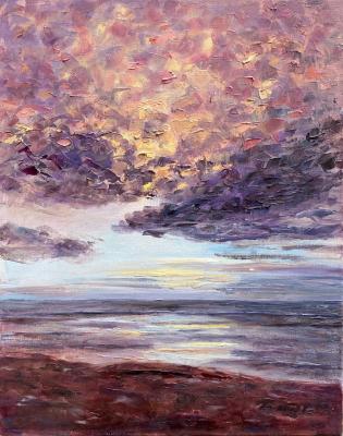 Pink sunset on the ocean beach, oil seascape. Danilova Aleksandra