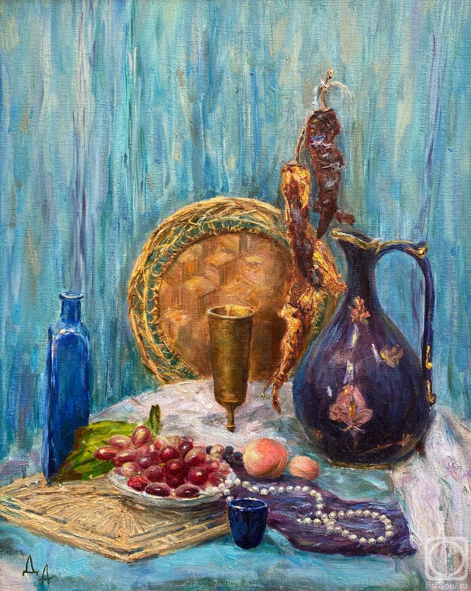 Danilova Aleksandra. Still life in oriental style with a jug and fruits on a blue background