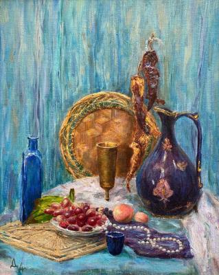 Still life in oriental style with a jug and fruits on a blue background (Copper Crockery). Danilova Aleksandra