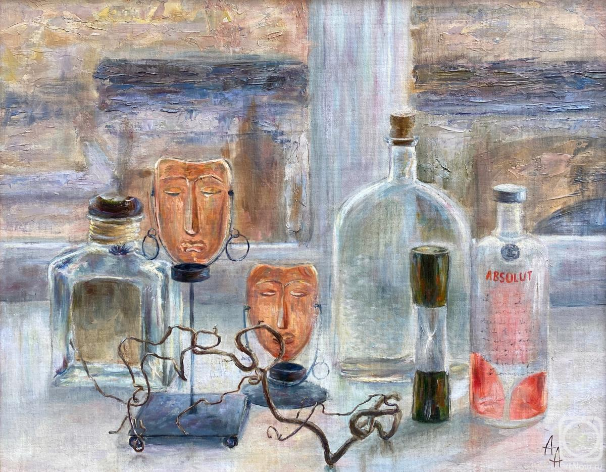 Danilova Aleksandra. Still life with bottles on the windowsill
