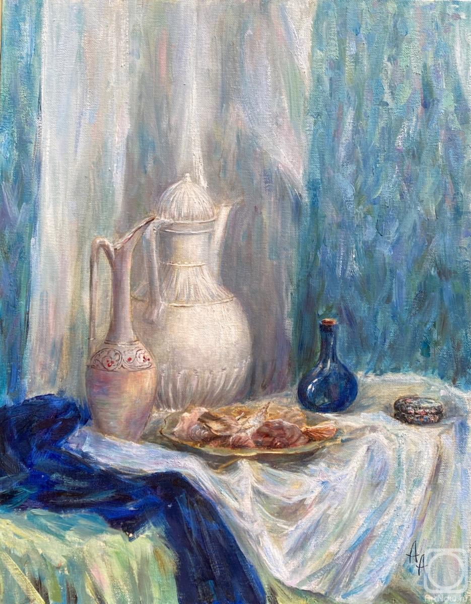 Danilova Aleksandra. Still life with a white jug on a blue background