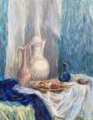 Still life with a white jug on a blue background. Danilova Aleksandra