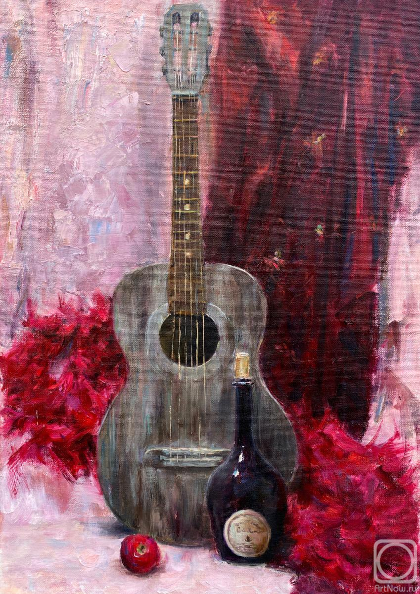 Danilova Aleksandra. Still life with a guitar and a bottle on a scarlet background