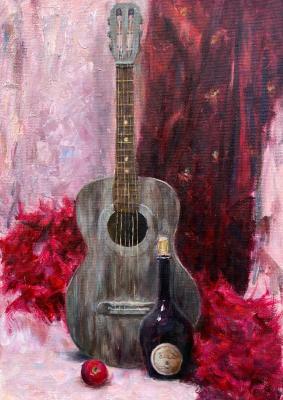 Still life with a guitar and a bottle on a scarlet background. Danilova Aleksandra