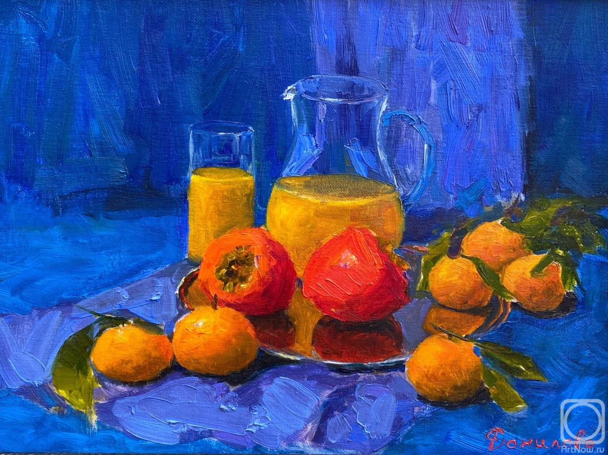 Danilova Aleksandra. Still life with tangerines on a blue background