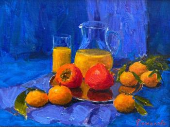 Still life with tangerines on a blue background. Danilova Aleksandra