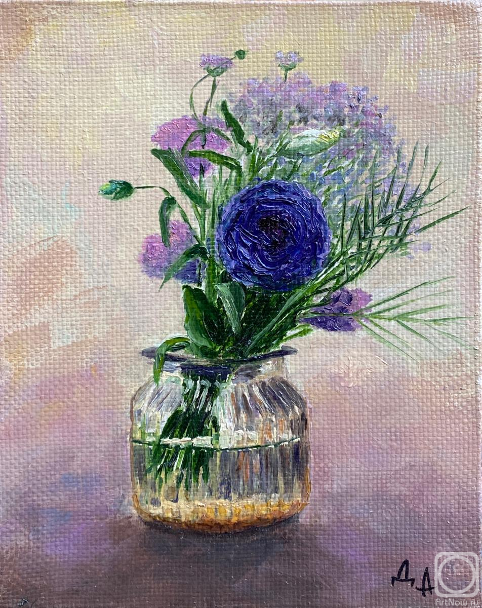 Danilova Aleksandra. Miniature still life with a bouquet of flowers in a glass vase