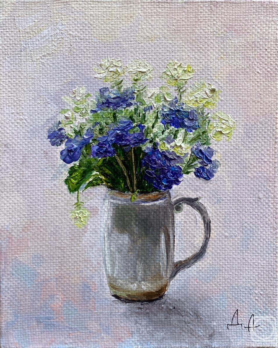 Danilova Aleksandra. Miniature still life with a lilac bouquet in a white vase