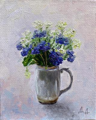 Miniature still life with a lilac bouquet in a white vase. Danilova Aleksandra