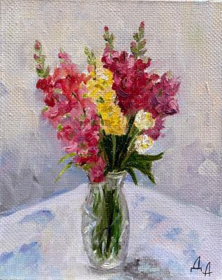 Miniature still life with a pink bouquet in a crystal vase. Danilova Aleksandra