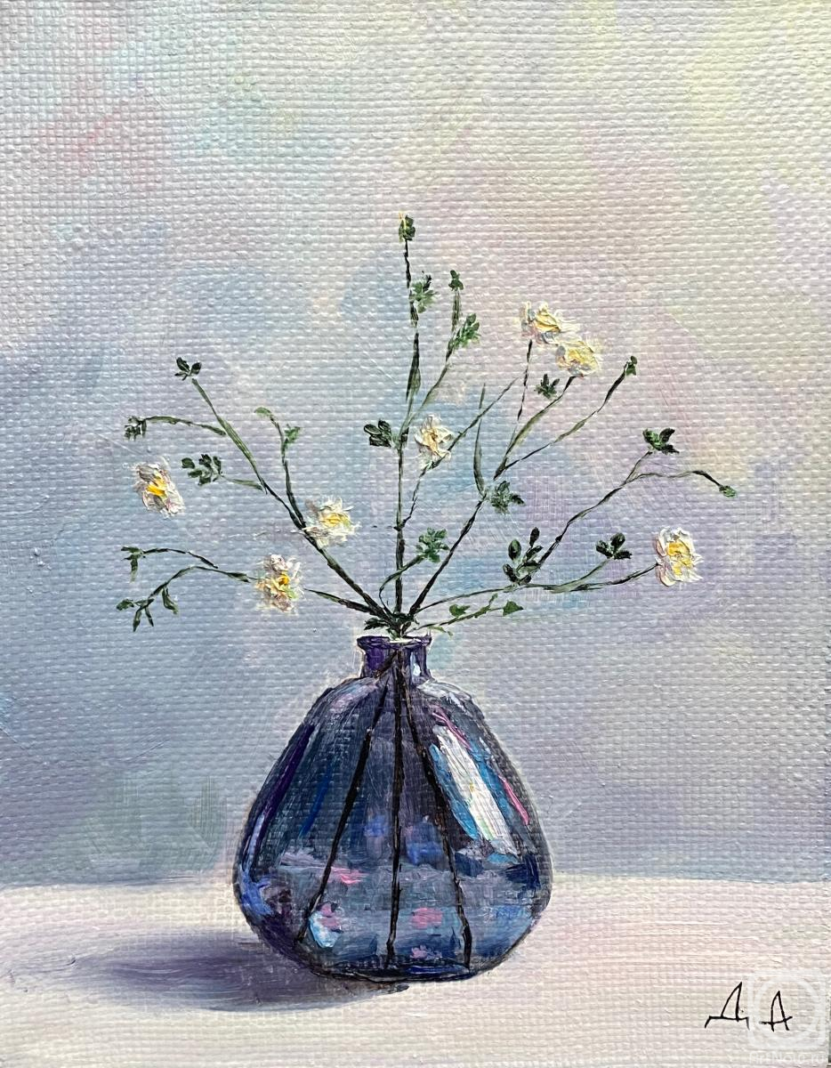 Danilova Aleksandra. Miniature still life with a flowering branch in a blue vase