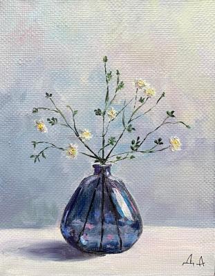 Miniature still life with a flowering branch in a blue vase (Botanical Miniature). Danilova Aleksandra