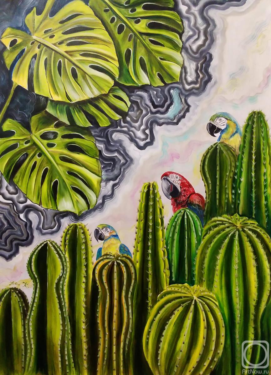 Kirillova Juliette. Playing hide and seek with parrots. Large oil painting with monstera, cacti and birds on an abstract background