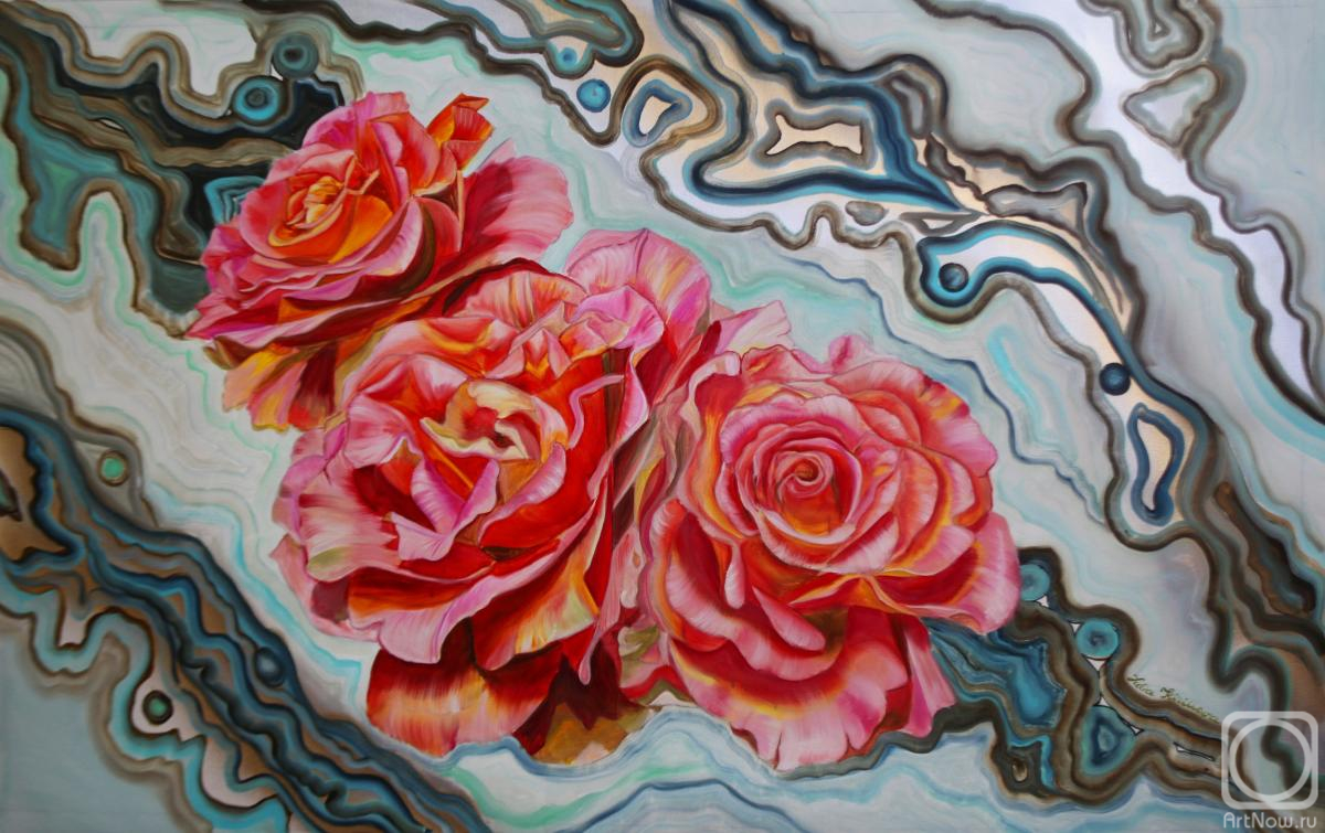 Kirillova Juliette. Red pleasure. Huge red roses on a background of blue and turquoise onyx. Floral botanical painting with abstract marble background, large size