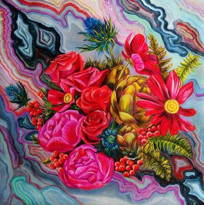 Red love. Bouquet with scarlet roses, artichoke, hibiscus, green fern and pink peonies oil painting realism. Kirillova Juliette