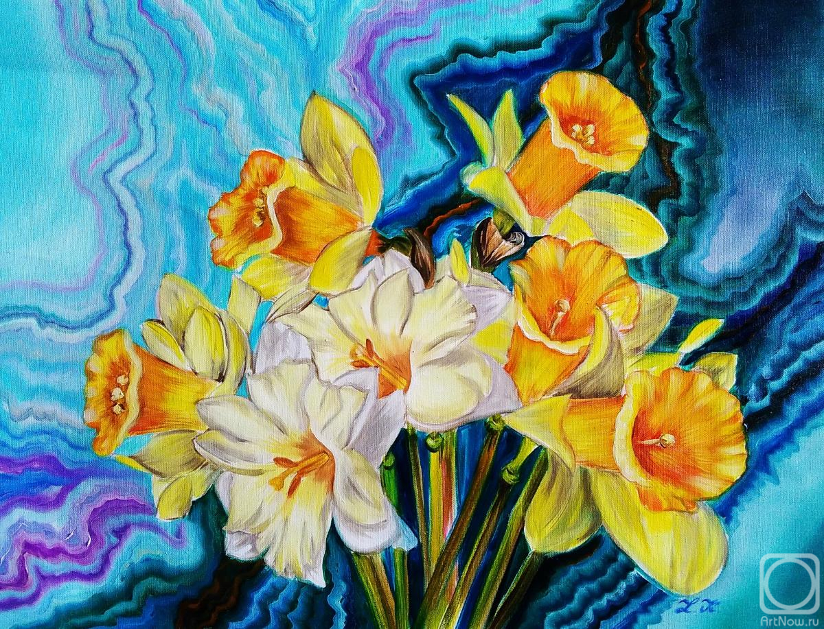 Kirillova Juliette. First spring flowers. White and yellow daffodils on a turquoise emerald background. Botanical oil art