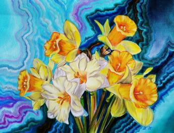 First spring flowers. White and yellow daffodils on a turquoise emerald background. Botanical oil art. Kirillova Juliette