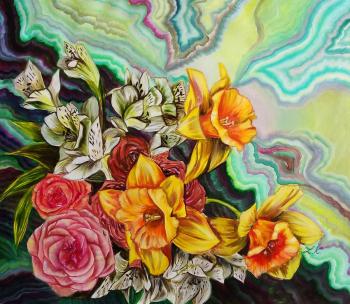 Spring breeze. Daffodils, roses and lilies. Flowers delicate botanical oil painting (Emerald Room). Kirillova Juliette