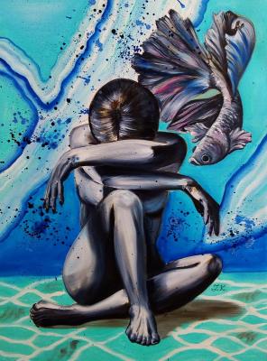 At the bottom. A beautiful naked girl and a fish in blue water. Sea, pool, river, marine oil painting. Kirillova Juliette