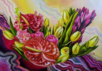 This strange love Large red anthurium flowers and yellow tulips. Oil botanical art (Large Leaves). Kirillova Juliette