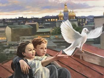 Children with a pigeon. Roslik Evgeniya