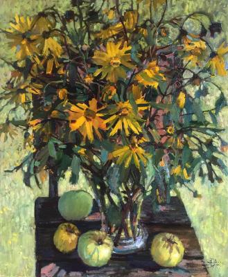 Yellow flowers and apples in the garden. Norloguyanova Arina