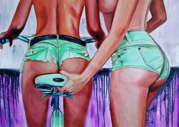Teach me! Two beautiful naked girls ride a bike. Female body, figurative (Mint Purple). Kirillova Juliette