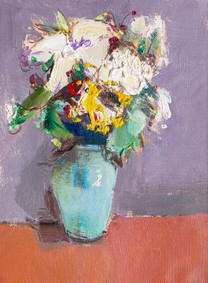 Bouquet with a lily and a sunflower in a blue vase (Picture Oil Lily Flowers). Gomes Liya
