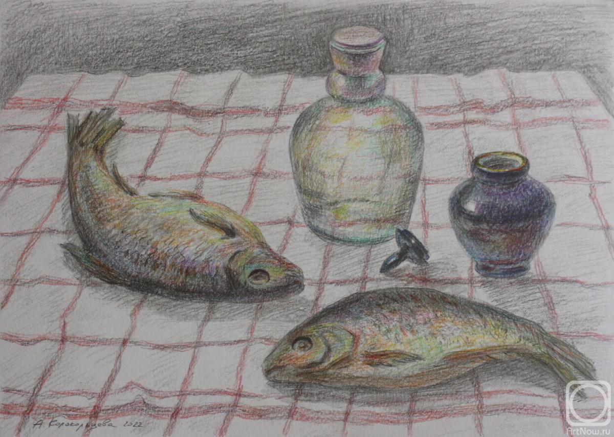 Kolokoltseva Aleksandra. Fish on a checkered tablecloth