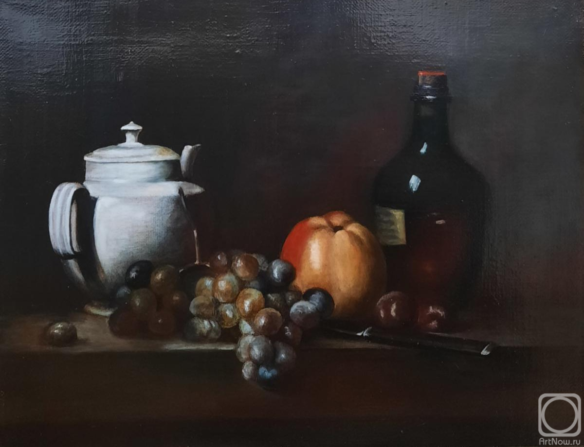 Dubrovina Yuliya. White Teapot with grapes, Apple, chestnuts, knife and bottle
