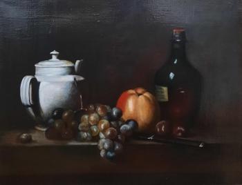 White Teapot with grapes, Apple, chestnuts, knife and bottle. Dubrovina Yuliya