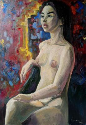 Mongolian girl on the background of the carpet (A Carpet). Gerasimova Natalia