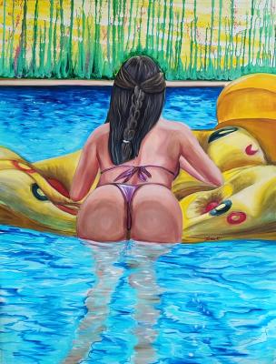 Yellow air mattress. The girl in the pool. Kirillova Juliette