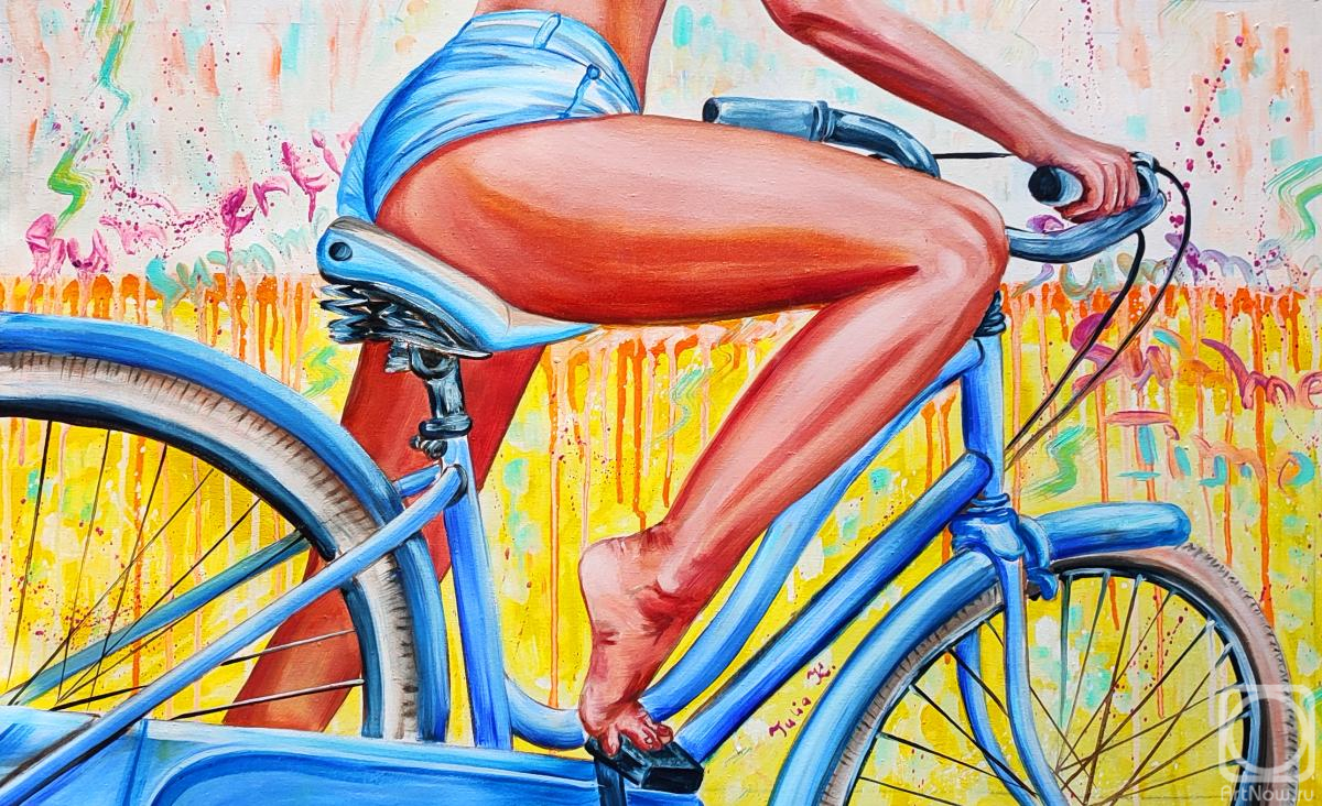 Kirillova Juliette. Summer bike ride. Beautiful female legs and hips, yellow background with words