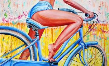 Summer bike ride. Beautiful female legs and hips, yellow background with words (A Blue Bike). Kirillova Juliette