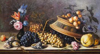 A copy of the painting by Balthazar van der Ast. Still life of flowers, fruits, shells and insects (Insects Painting). Kamskij Savelij