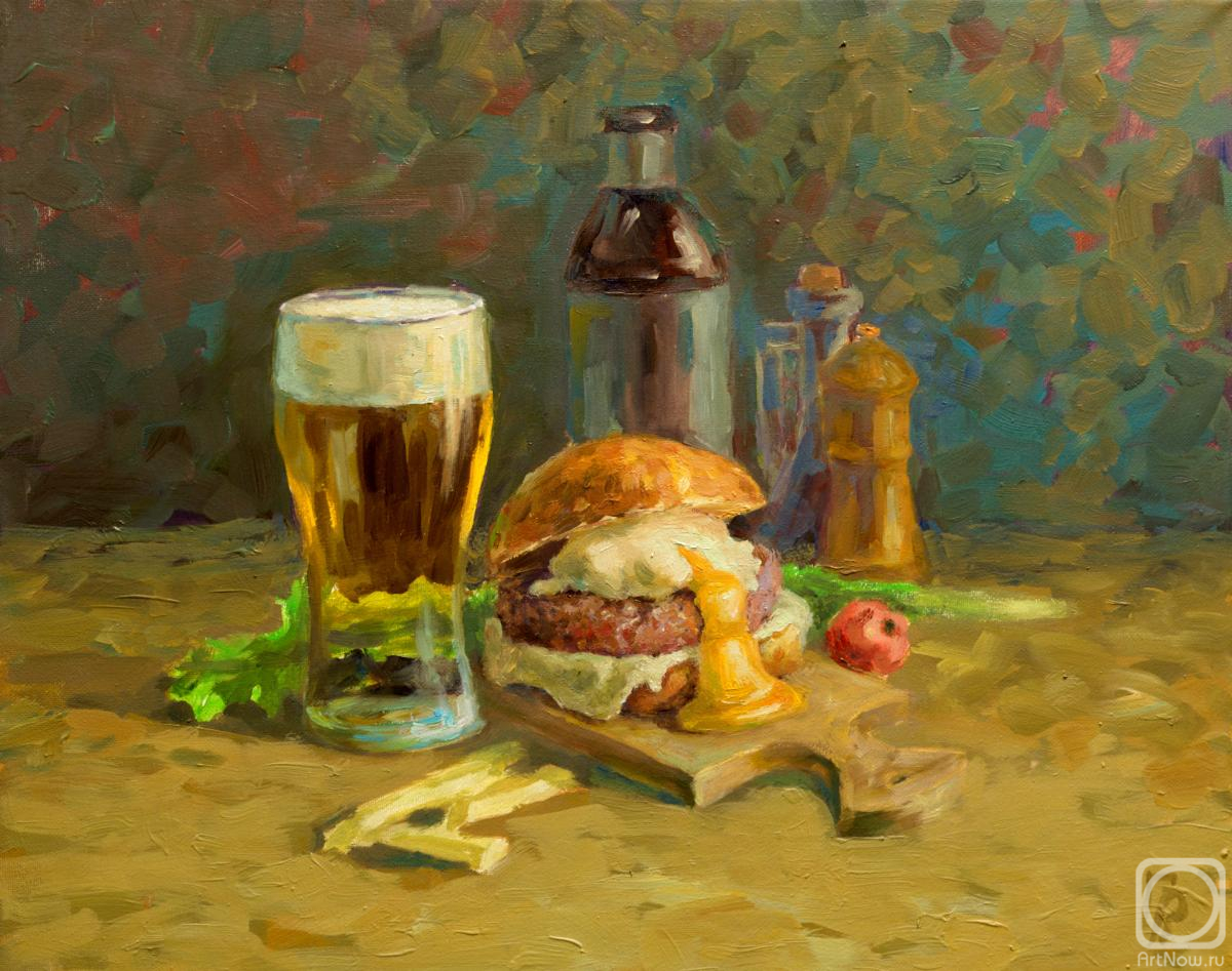 Gubin Rodion. Still life with beer and burger