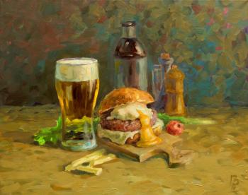 Still life with beer and burger ( ). Gubin Rodion