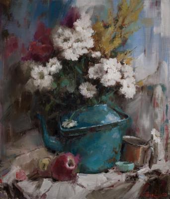 Old teapot and white flowers. Burtsev Evgeny