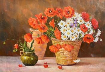 Poppies and daisies in a basket